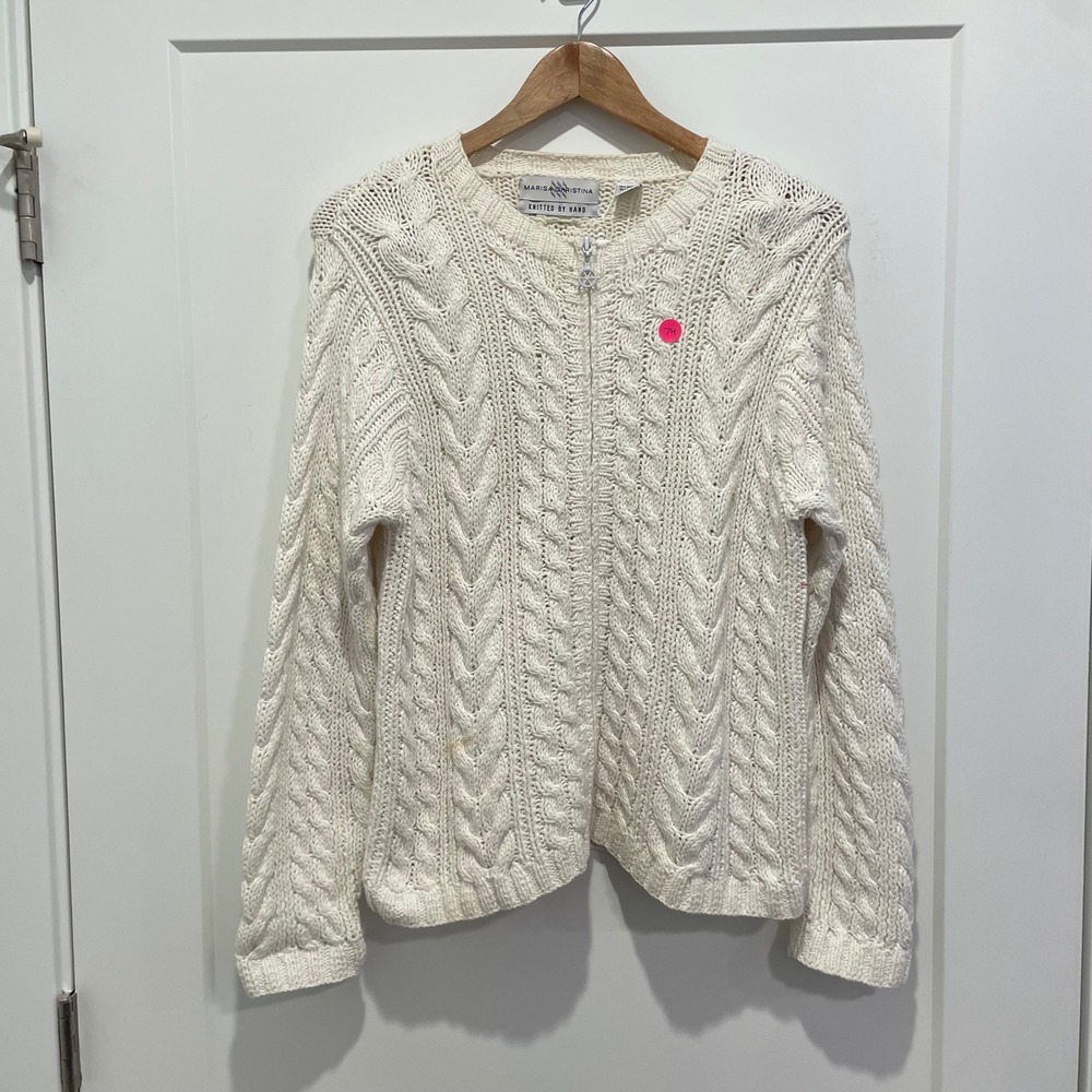 Marisa Christina White Fisheman sailor Cable Knit Full Zip Up Sweater Size L